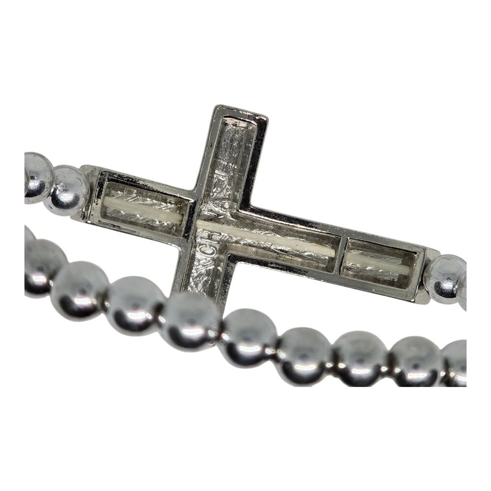 Rhinestone Cross Beaded Stretch Bracelet In Silver Tone - Picture 7 of 7